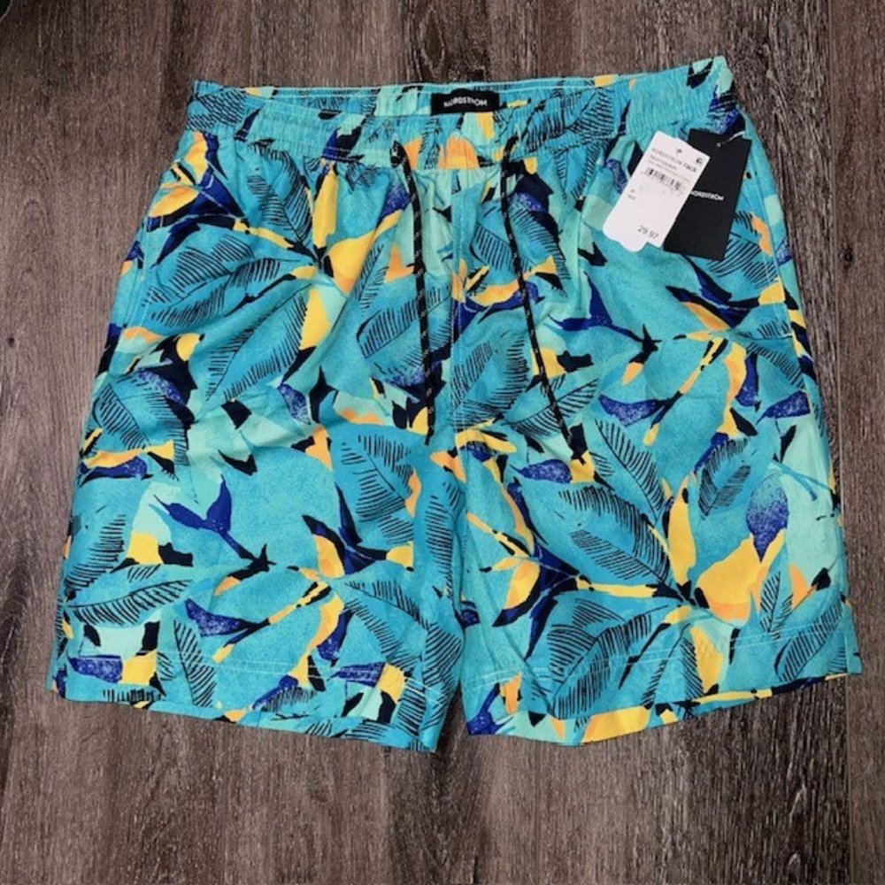 NORDSTROM Men's Tropical Print Board Shorts Size Medium M Teal Yellow Swim NWT